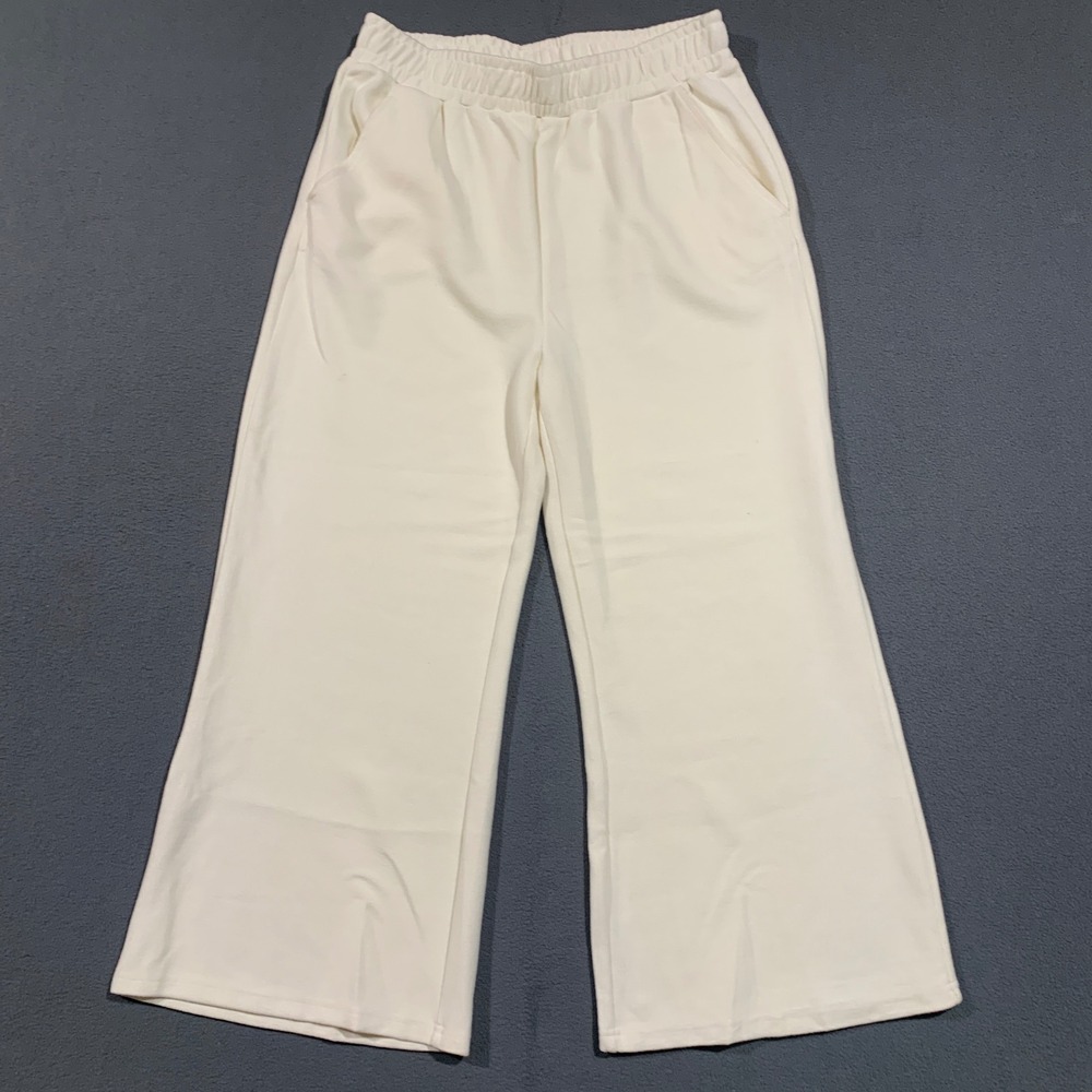 See and Be Seen Womens White Ribbed Wide Leg Elastic Waist Pants SOFT Size L